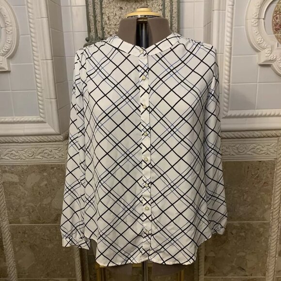 212 COLLECTION. Sz XL. Button Up. Long Sleeve. Poly Blouse. White Plaid. B86 - Picture 1 of 7